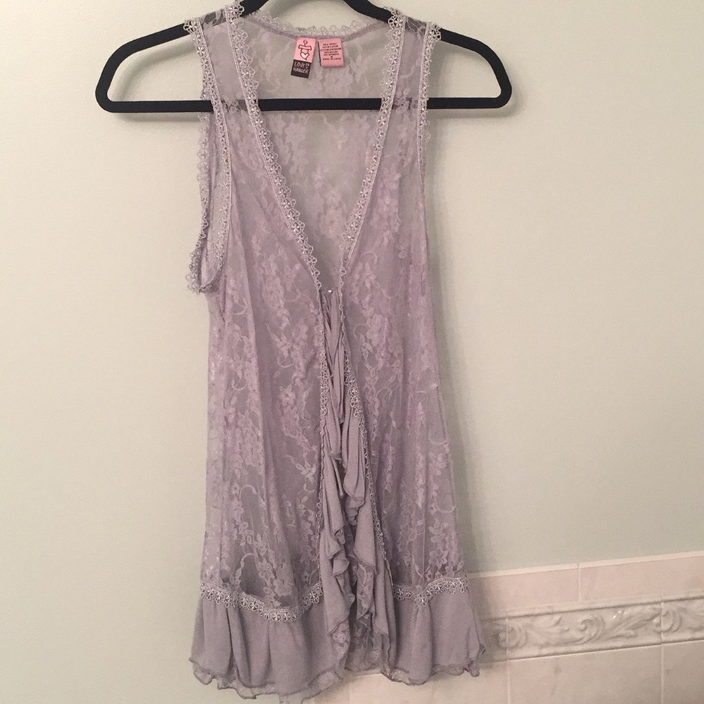 Gray lace detailed coverup by Love on a Hanger.